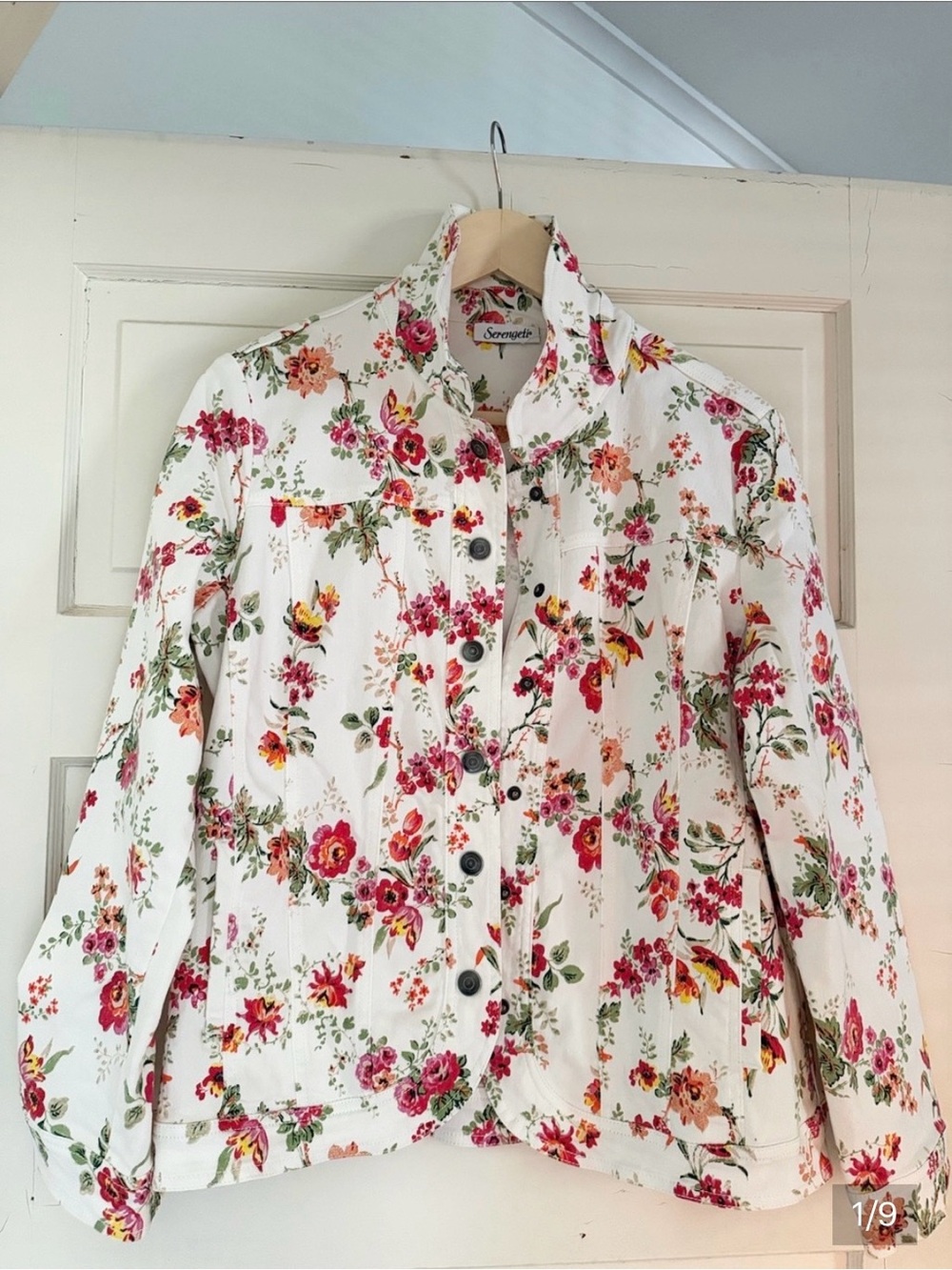 Serendipity White Floral Button-Front Jacket with Pink and Orange Blooms
